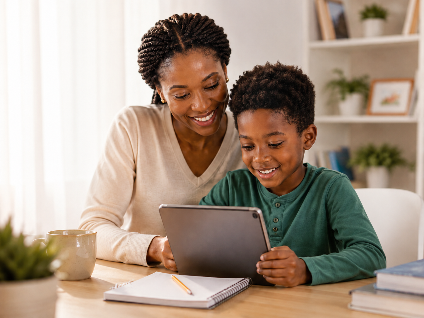 Parent and child smiling while learning together on a tablet at home.