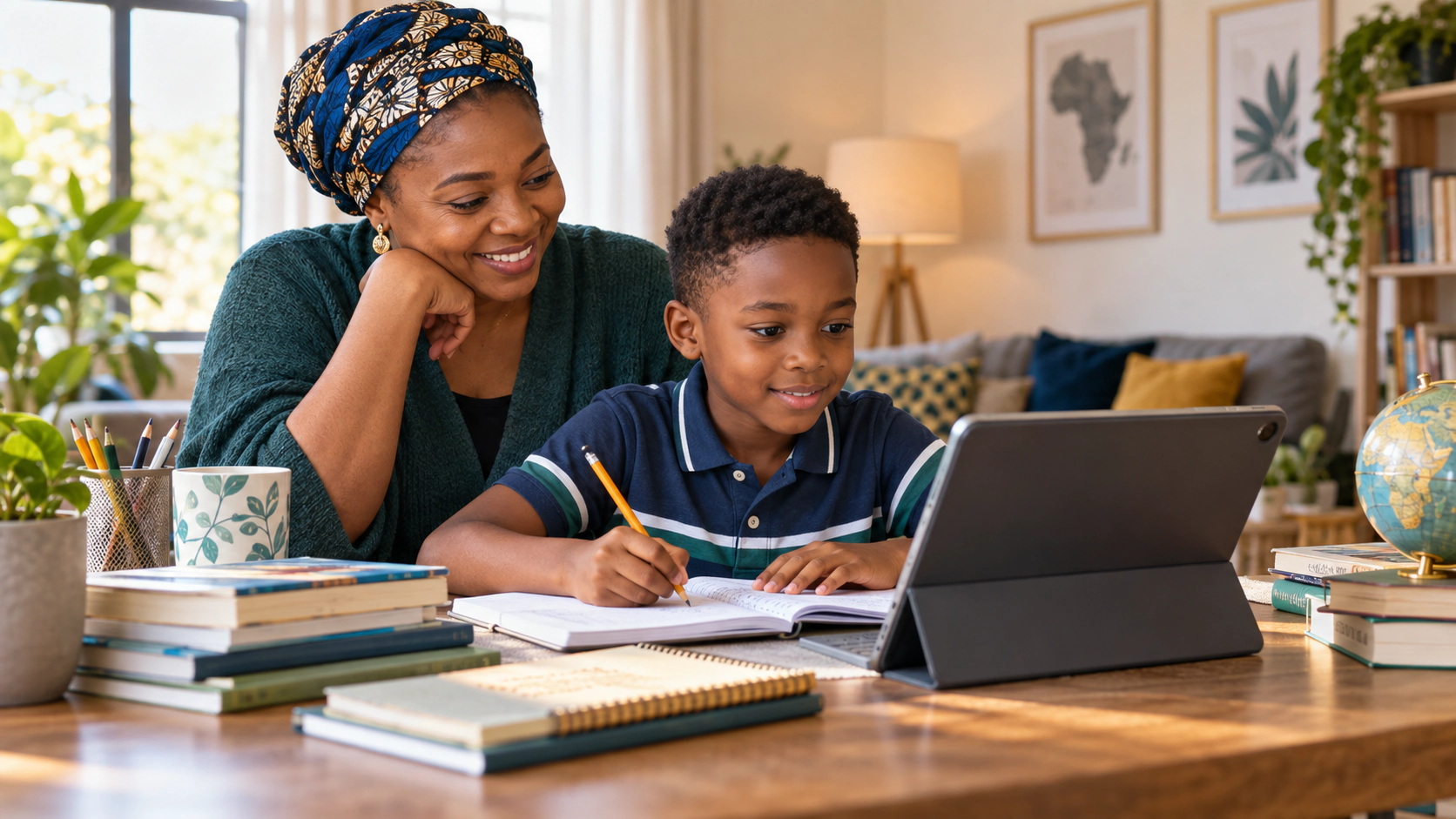 African learner using a laptop for purposeful home learning while a parent offers calm, supportive guidance nearby.