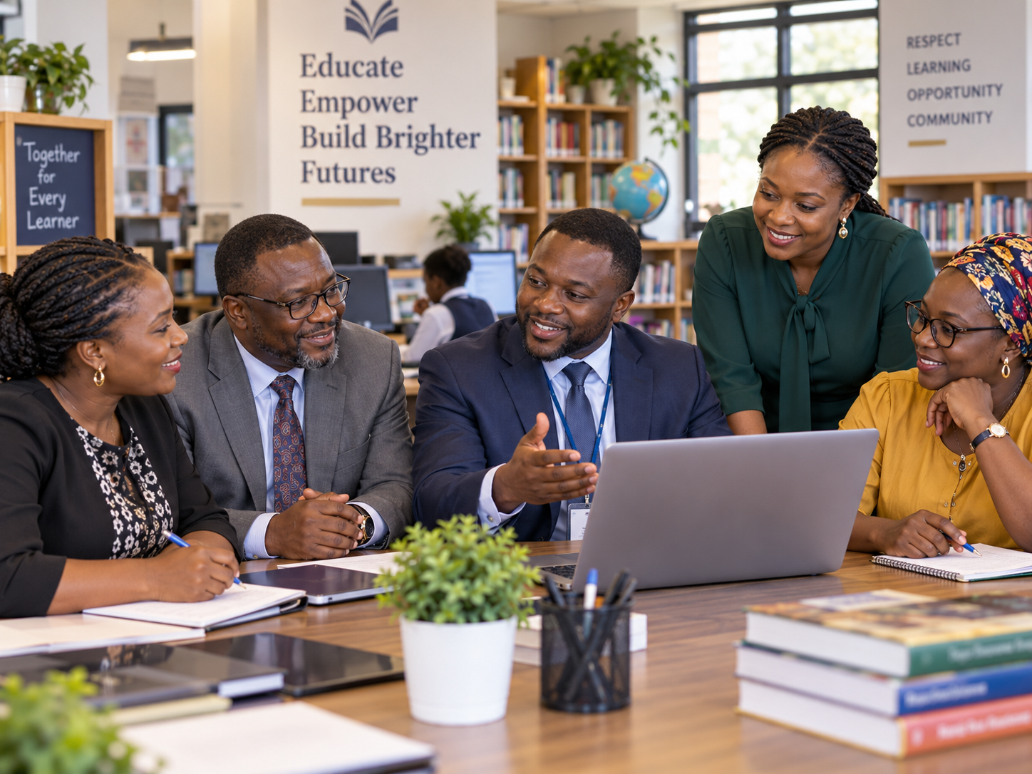 School leaders and teachers reviewing an online learning demonstration in a school resource room