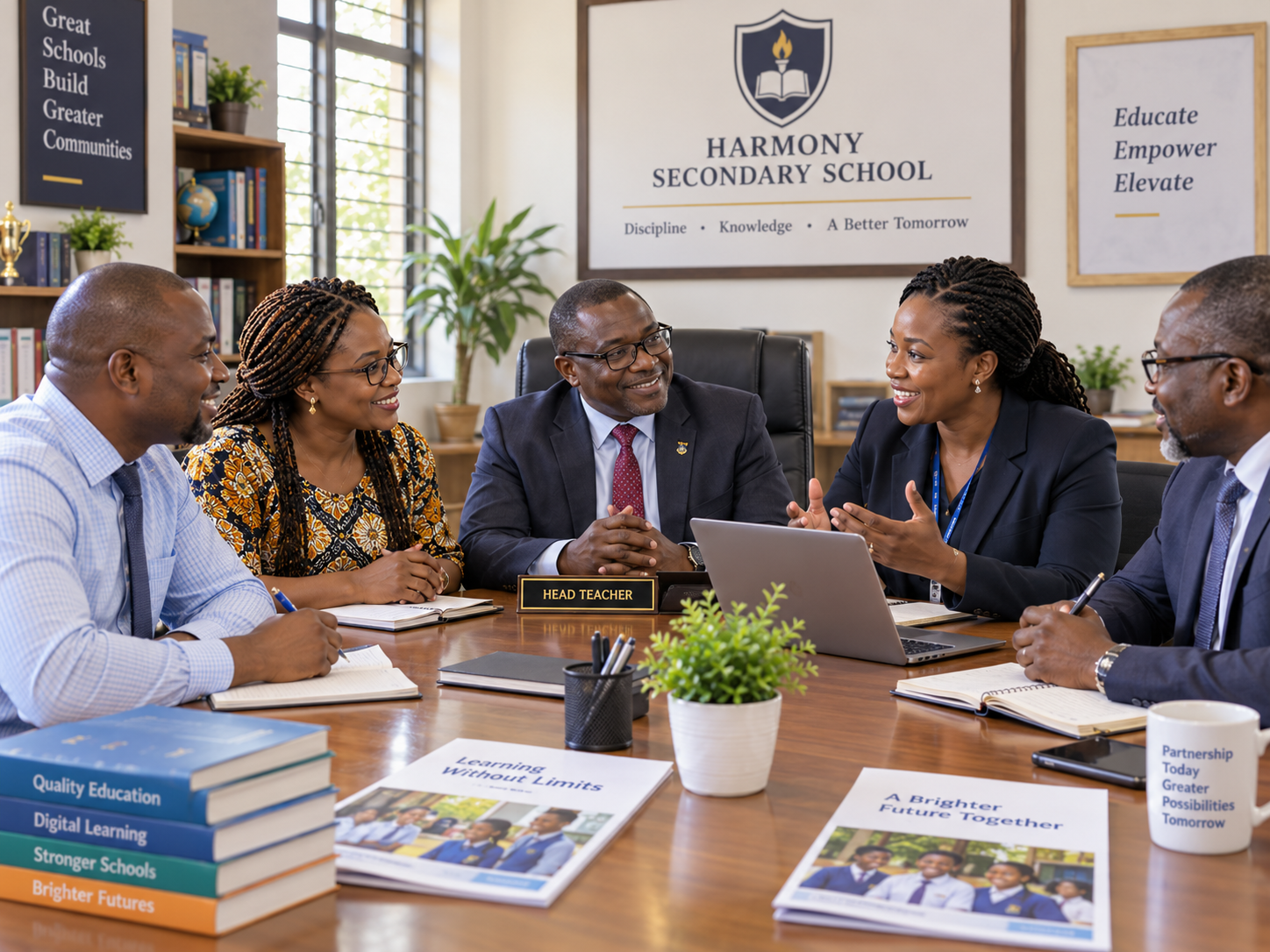 Education stakeholders discussing a digital learning partnership in a school meeting room