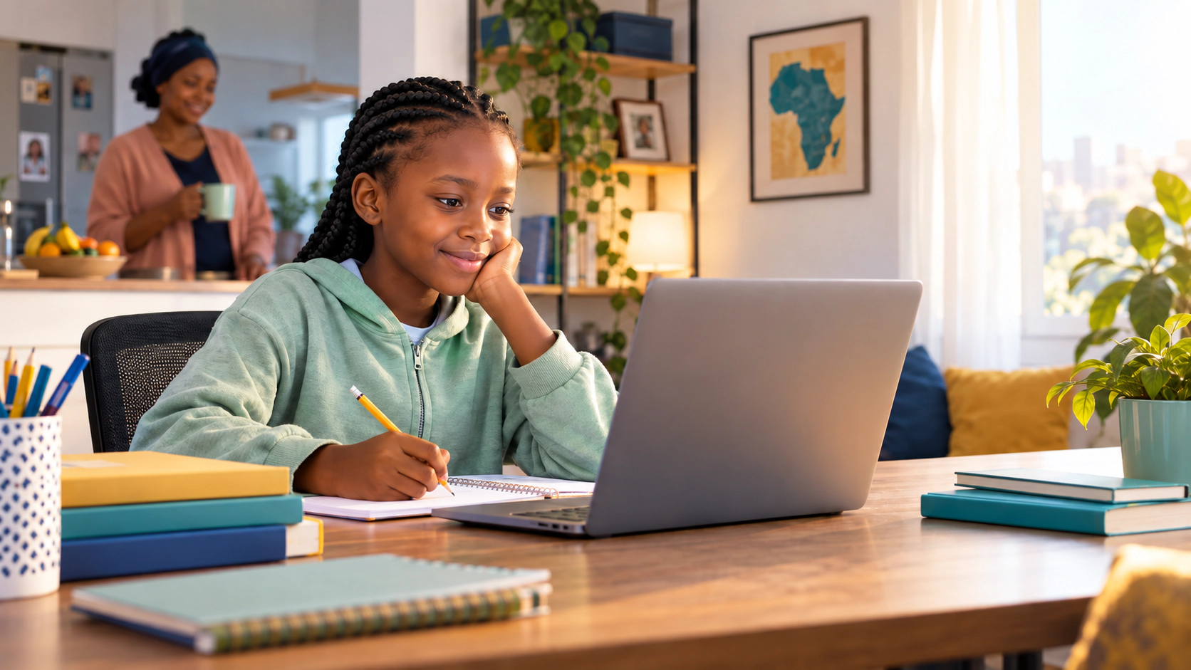 School-age learner beginning a focused first digital learning session at home