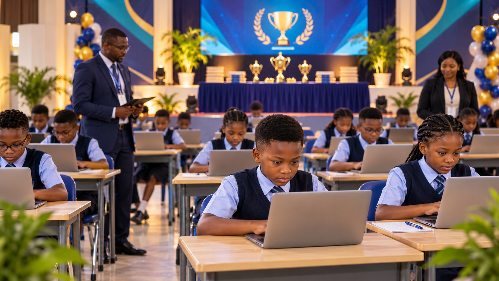 School learners taking part in a supervised digital academic competition
