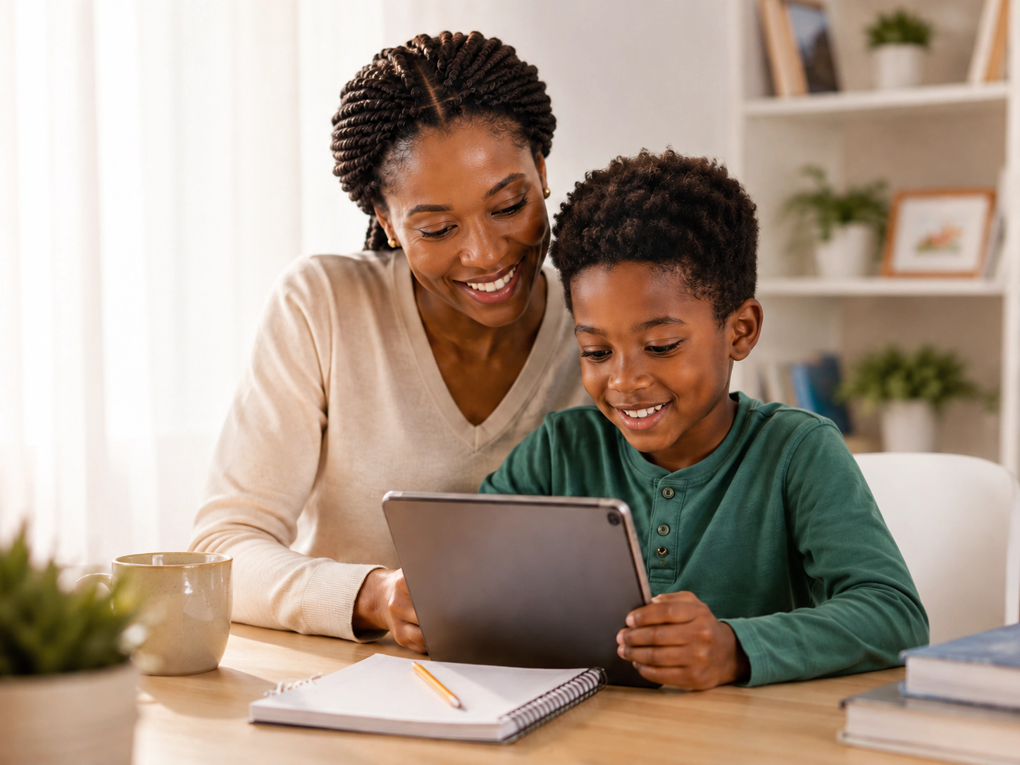 Parent and child smiling while learning together on a tablet at home.
