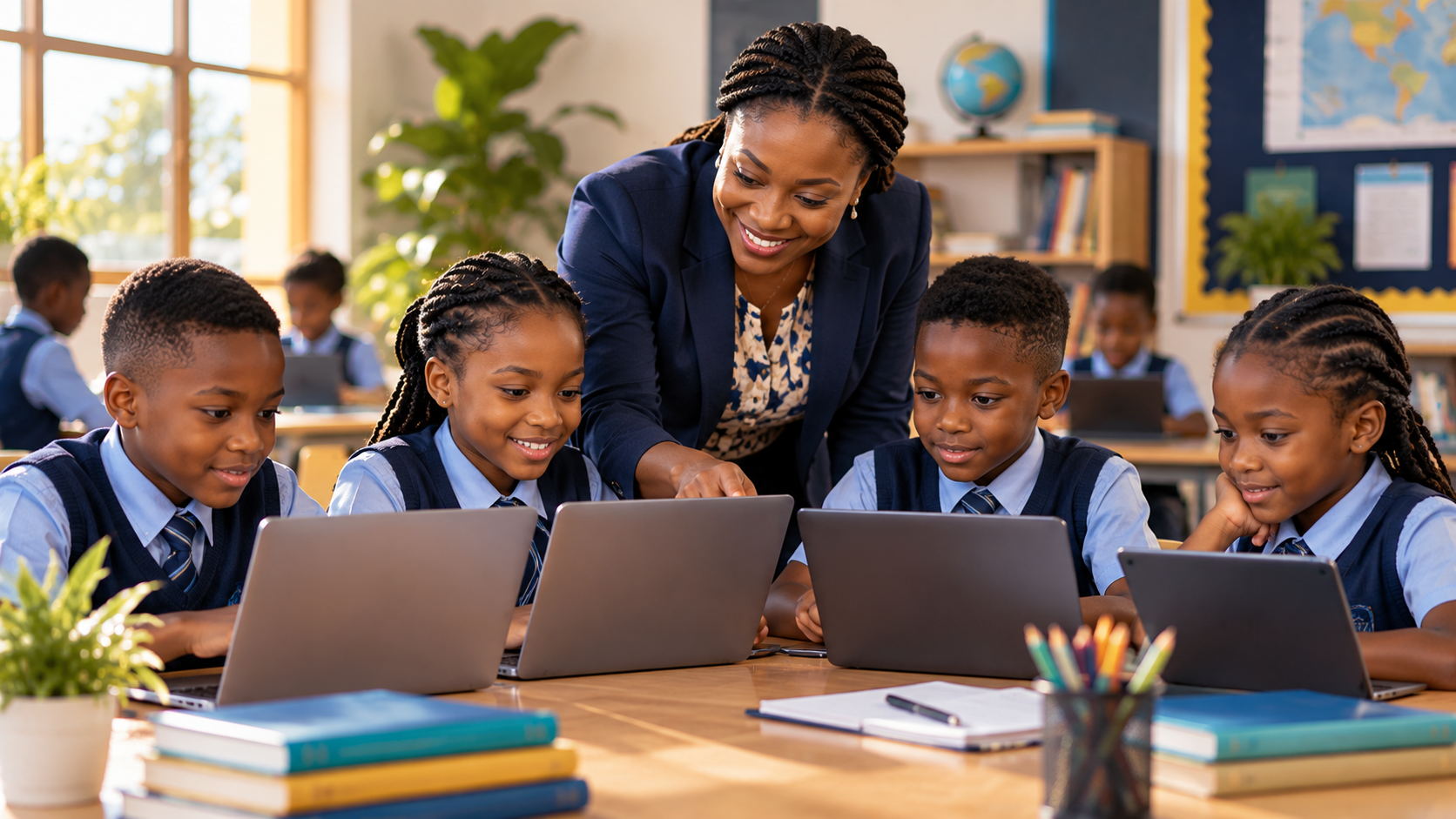 Teacher supporting pupils using digital learning devices in a school